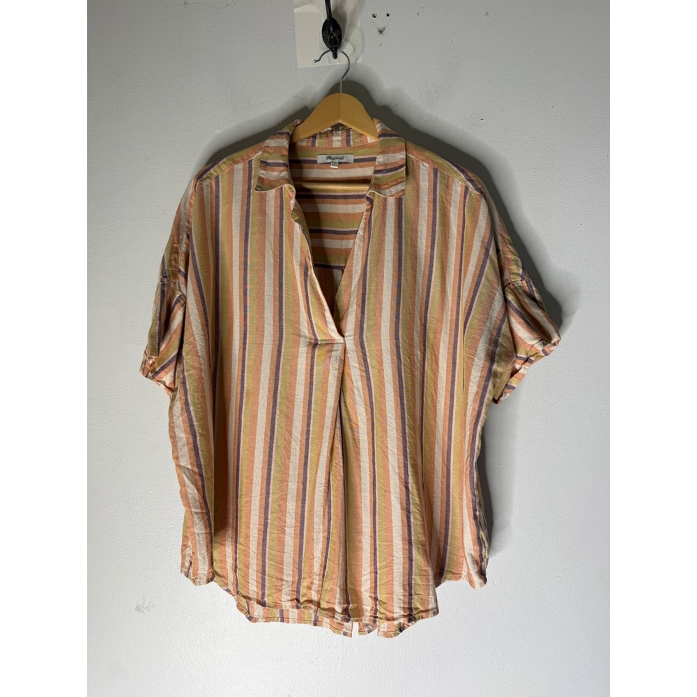 Madewell Womens Large Striped Short Sleeve Button Back Cotton Blouse Orange